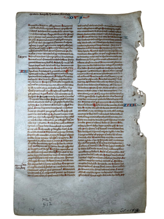 13th C. Paris Bible Leaf – Exodus 23-26 – Latin Manuscript on Vellum