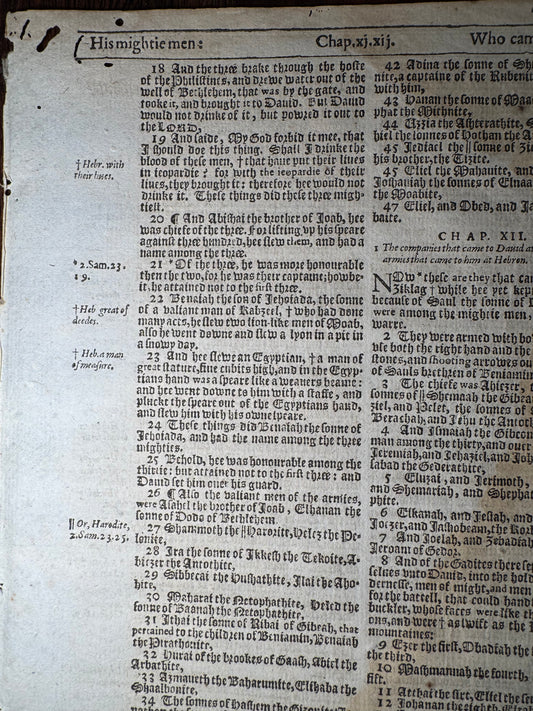 1613 King James Bible Leaf – 1 Chronicles 11–13 – Robert Barker
