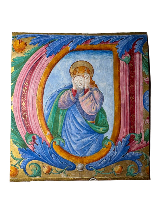 15th-Century Italian Illuminated Manuscript Initial “U” – Saint Ursula of Cologne – Gold & Tempera on Vellum