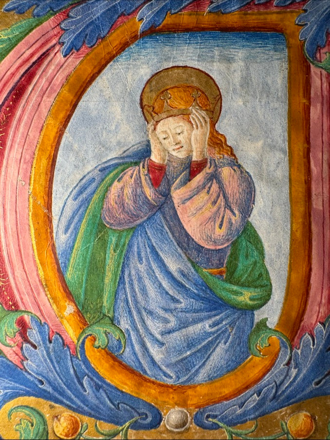 15th-Century Italian Illuminated Manuscript Initial “U” – Saint Ursula of Cologne – Gold & Tempera on Vellum