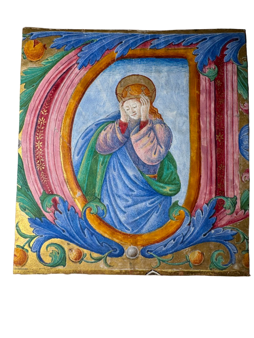15th-Century Italian Illuminated Manuscript Initial “U” – Saint Ursula of Cologne – Gold & Tempera on Vellum