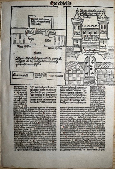 1485–1486 Koberger Latin Bible Leaf – Book of Ezekiel with Illustrated Temple Gate – NICHOLAS DE LYRA Commentary