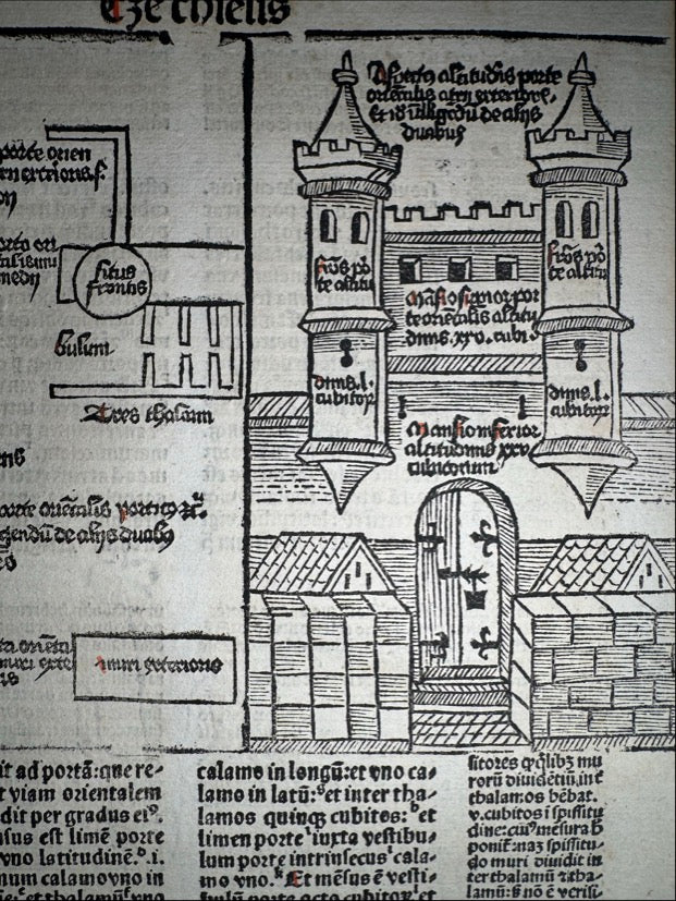 1485–1486 Koberger Latin Bible Leaf – Book of Ezekiel with Illustrated Temple Gate – NICHOLAS DE LYRA Commentary