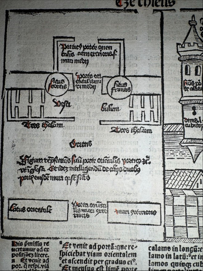 1485–1486 Koberger Latin Bible Leaf – Book of Ezekiel with Illustrated Temple Gate – NICHOLAS DE LYRA Commentary