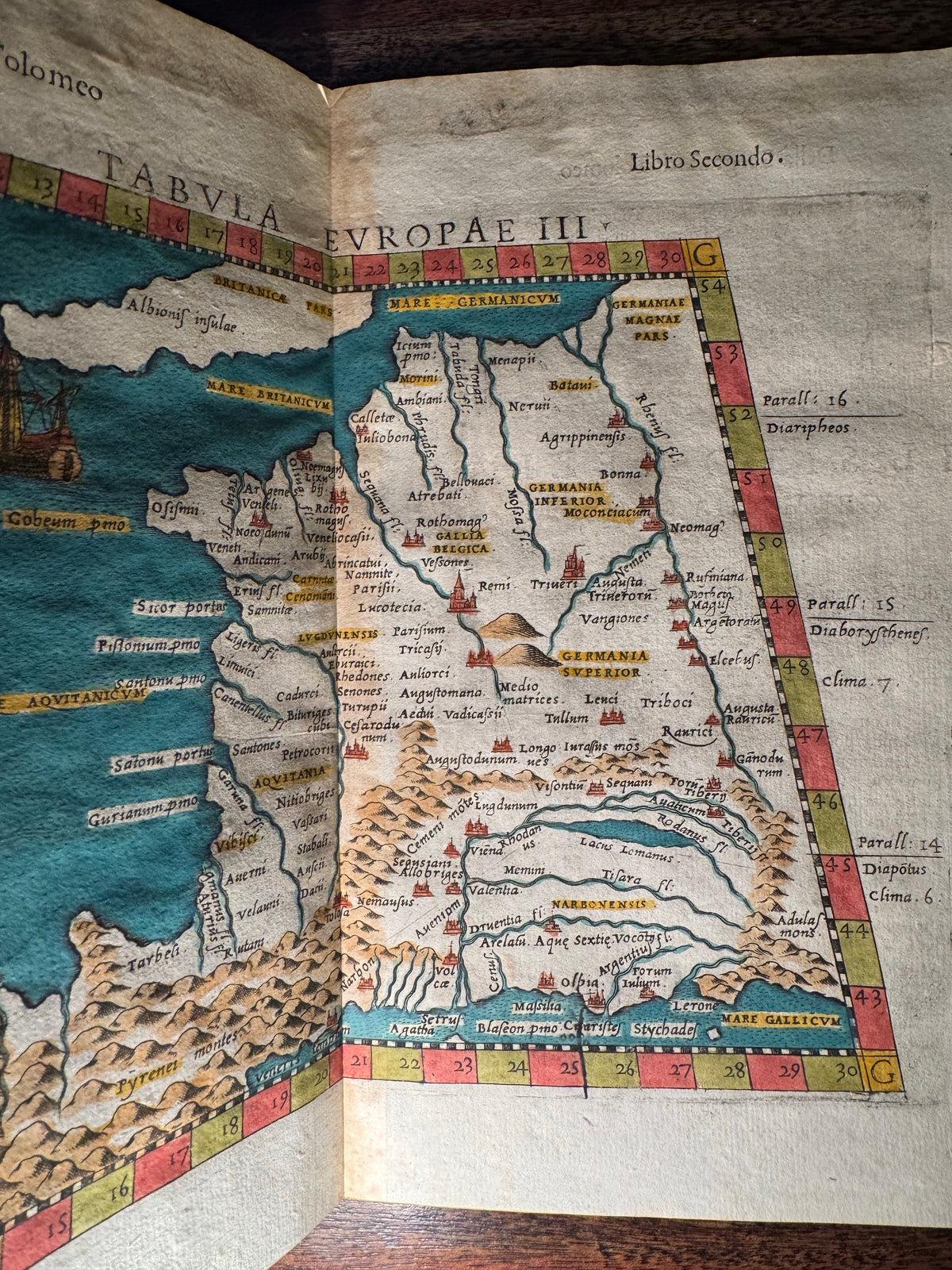 1599 Ptolemaic Map of France – Tabula Europae III – Sea Monster & Sailing Ship