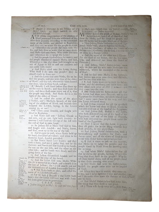 1791 Isaac Collins Bible Leaf – Exodus 17-18 – 1st American Family Bible