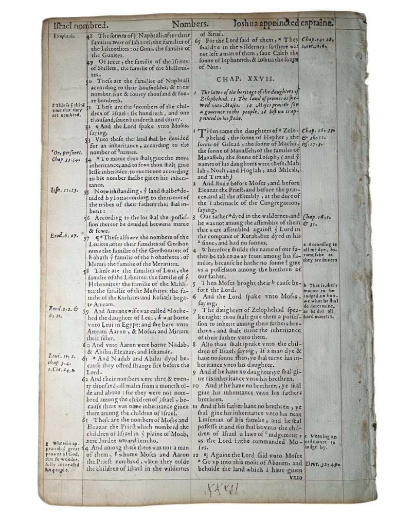 1569 Geneva Bible Leaf – Numbers 26-27 – Printed by John Crispin
