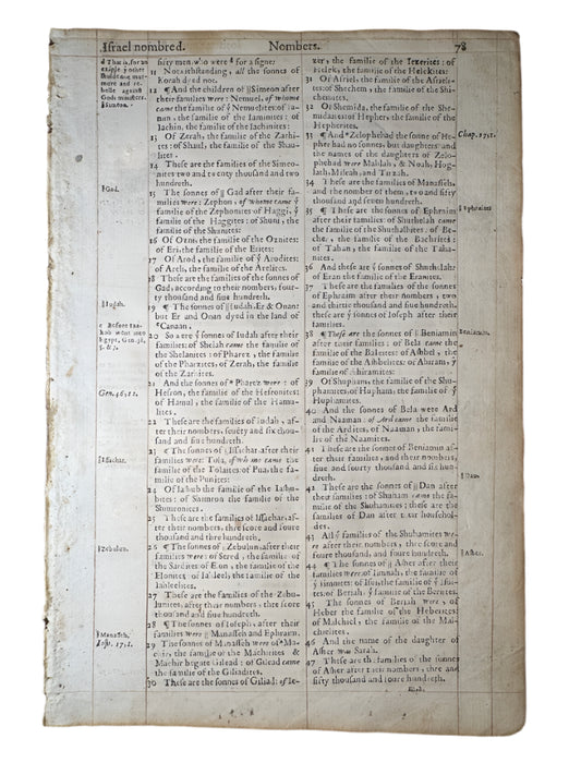 1569 Geneva Bible Leaf – Numbers 26-27 – Printed by John Crispin
