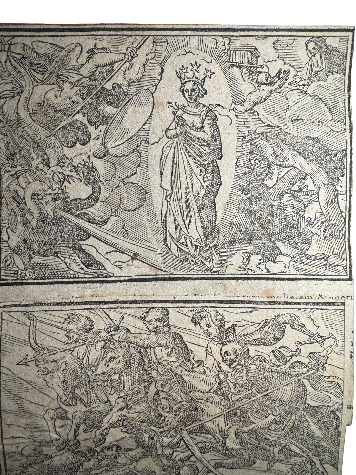 16th Century Virgil Solis Woodcut – The Woman & Seven-Headed Dragon of Revelation 12, c. 1560