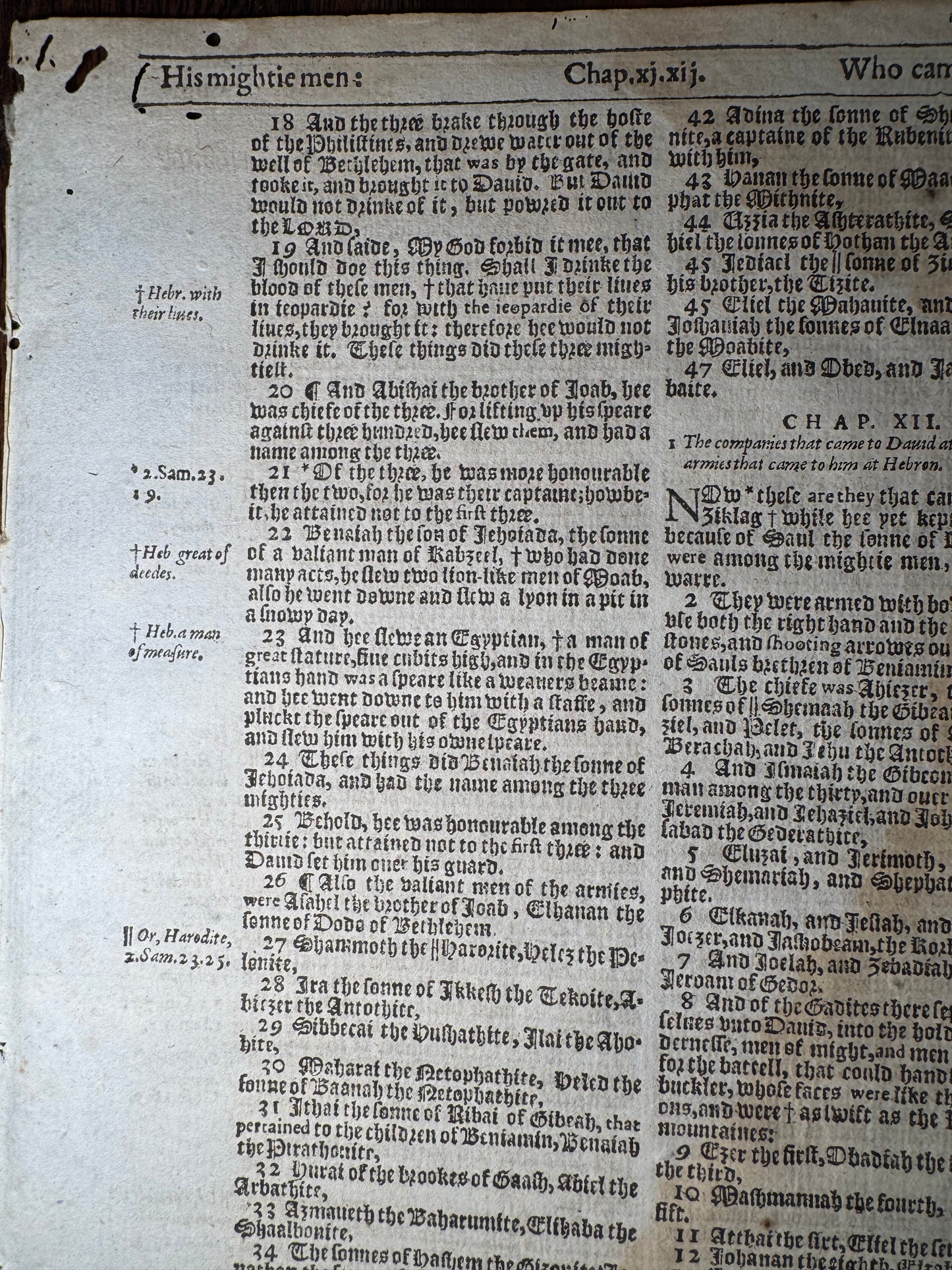 1613 King James Bible Leaf – 1 Chronicles 11–13 – Robert Barker