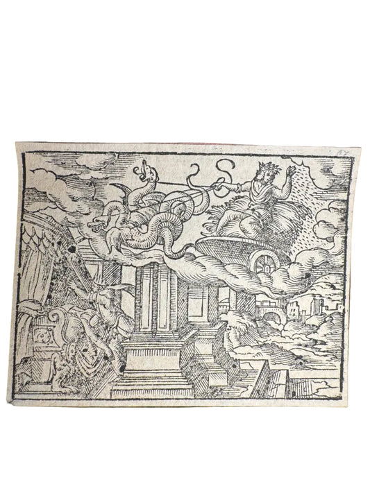Original 16th-Century Virgil Solis Woodcut — Ceres, Triptolemus & King Lyncus