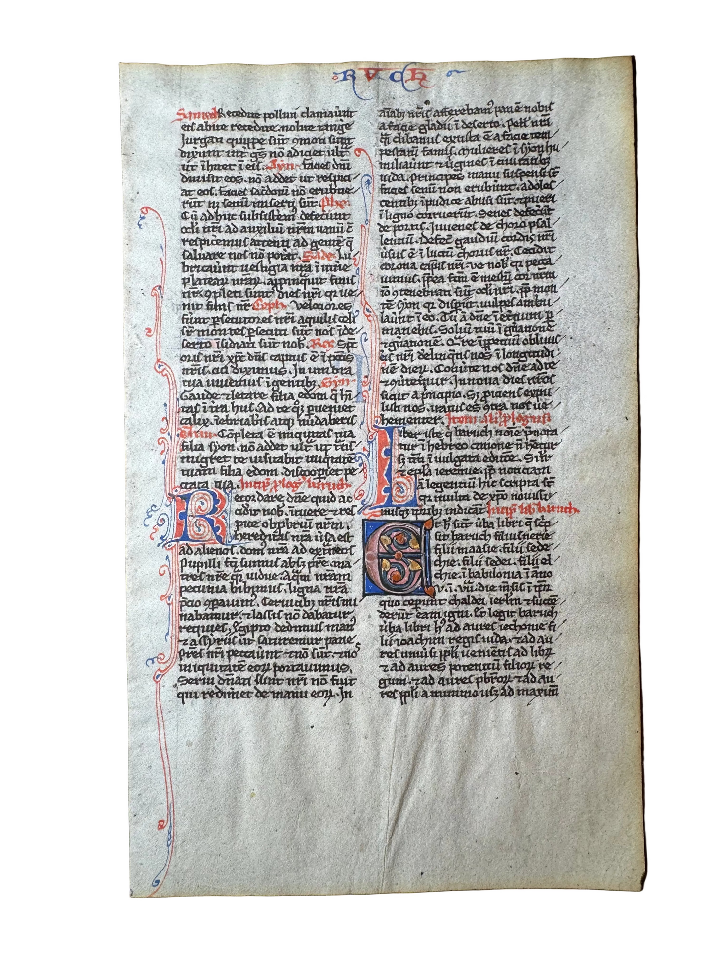 13th-Century Illuminated Latin Bible Leaf from the Lamentations/Baruch (c. 1250 A.D.)