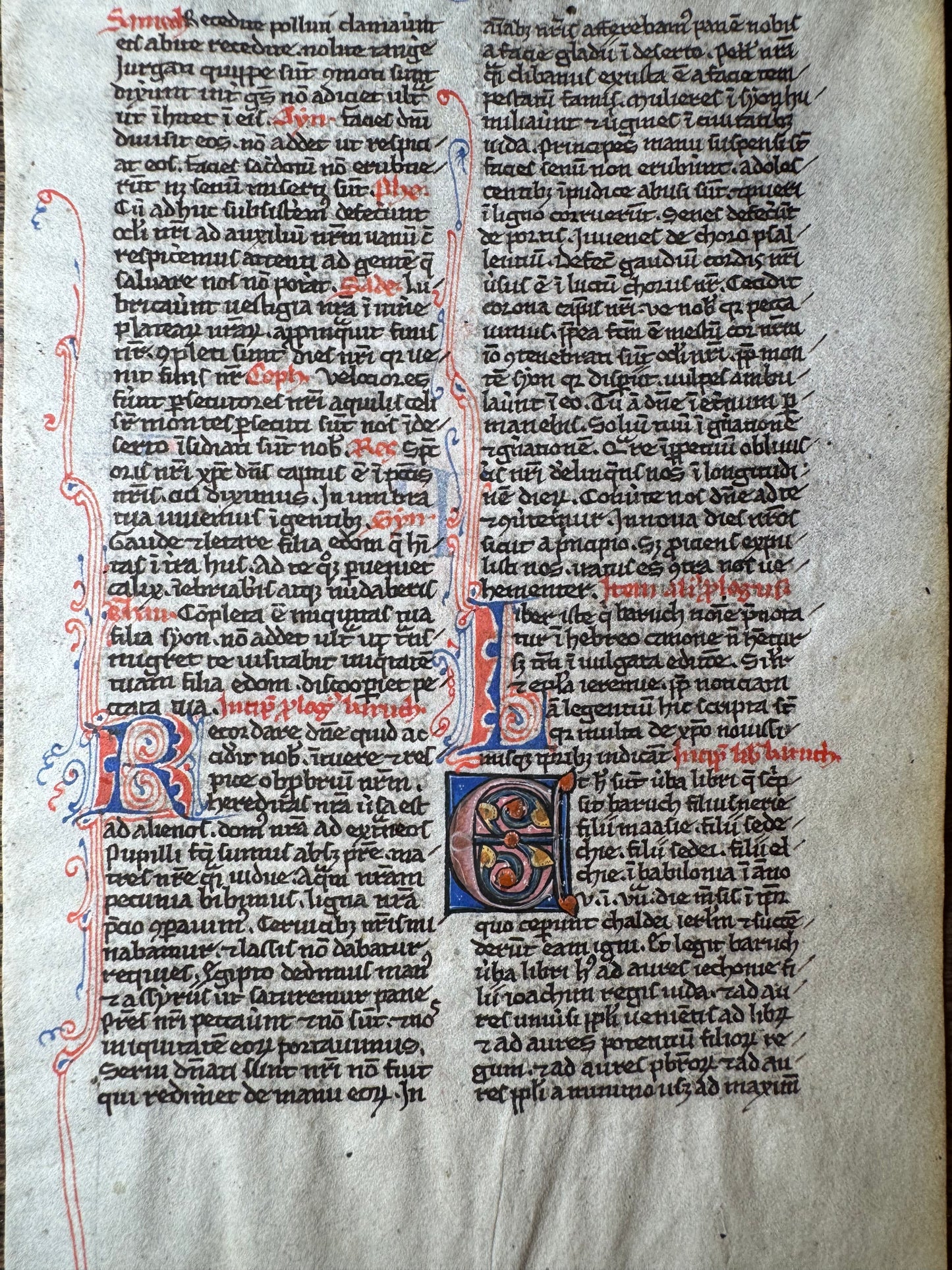 13th-Century Illuminated Latin Bible Leaf from the Lamentations/Baruch (c. 1250 A.D.)