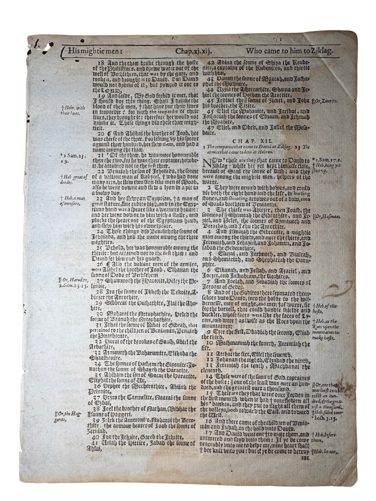 1613 King James Bible Leaf – 1 Chronicles 11–13 – Robert Barker