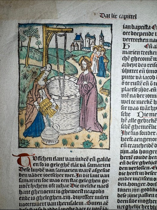 Christ and the Samaritan Woman at the Well — Hand-Colored Woodcut, 1499