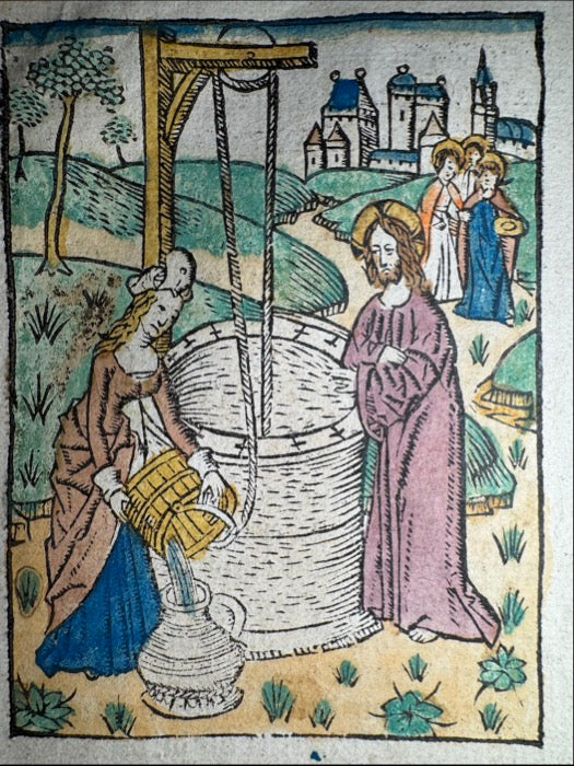 Christ and the Samaritan Woman at the Well — Hand-Colored Woodcut, 1499