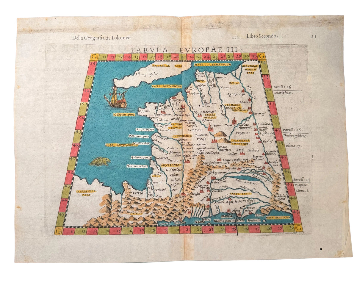 1599 Ptolemaic Map of France – Tabula Europae III – Sea Monster & Sailing Ship