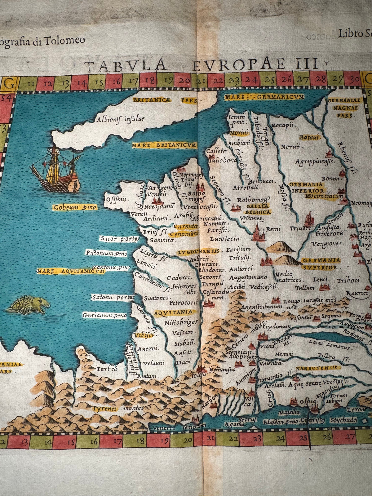 1599 Ptolemaic Map of France – Tabula Europae III – Sea Monster & Sailing Ship