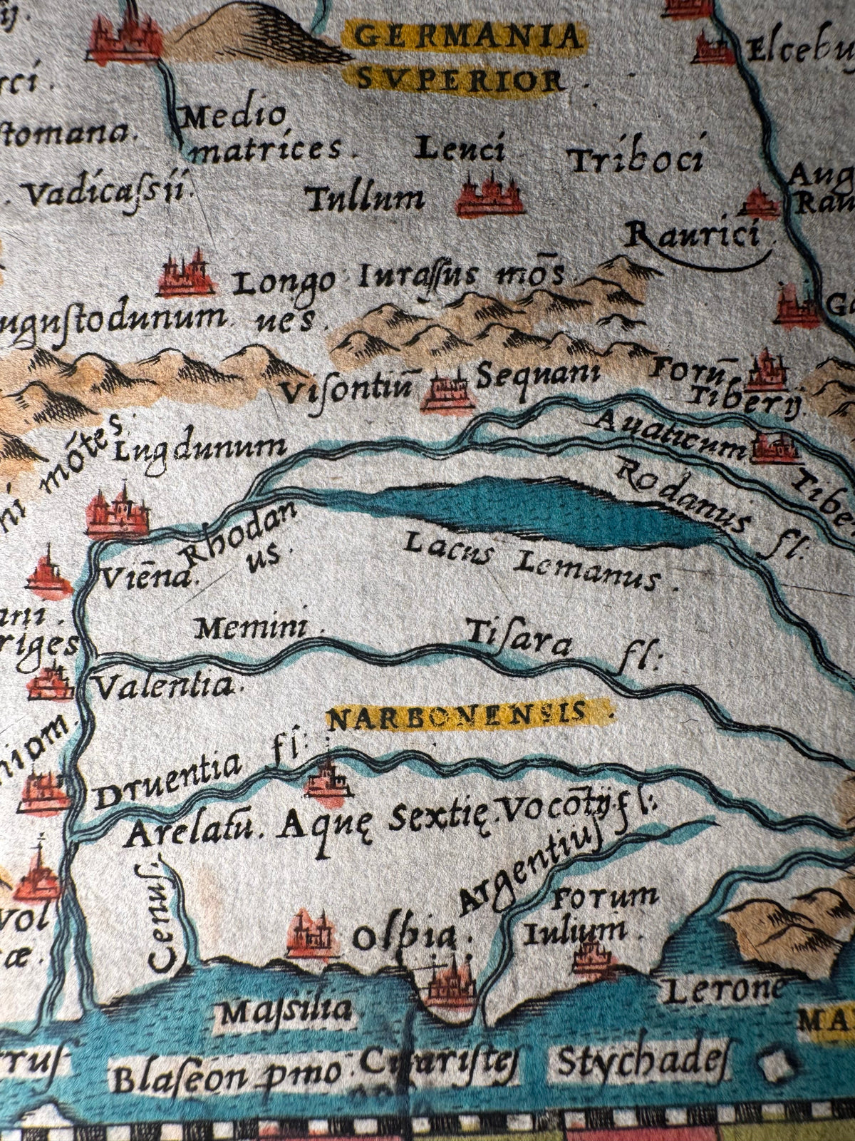 1599 Ptolemaic Map of France – Tabula Europae III – Sea Monster & Sailing Ship