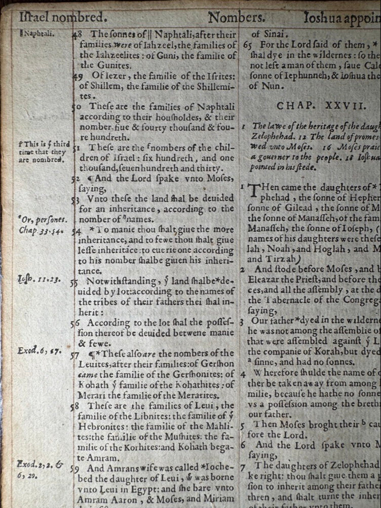 1569 Geneva Bible Leaf – Numbers 26-27 – Printed by John Crispin