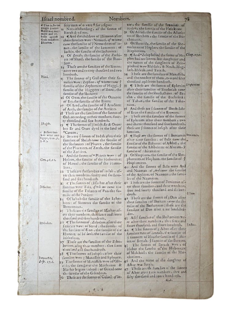 1569 Geneva Bible Leaf – Numbers 26-27 – Printed by John Crispin
